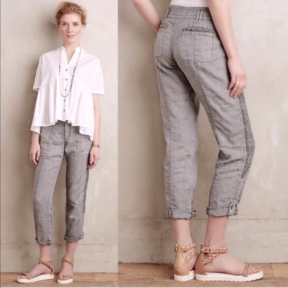 ANTHROPOLOGIE Hei Hei Marlena Gray Linen Embroidered Detail Roll Cuff Pants 28 - Picture 1 of 14